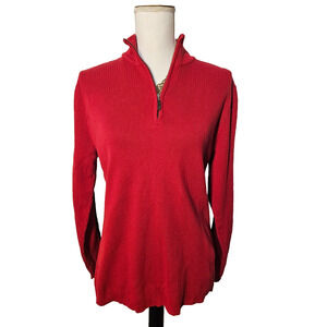 Tommy Hilfiger Womens Red Ribbed Sweater 1/4 Zip Pullover Logo Stripe Trim XL